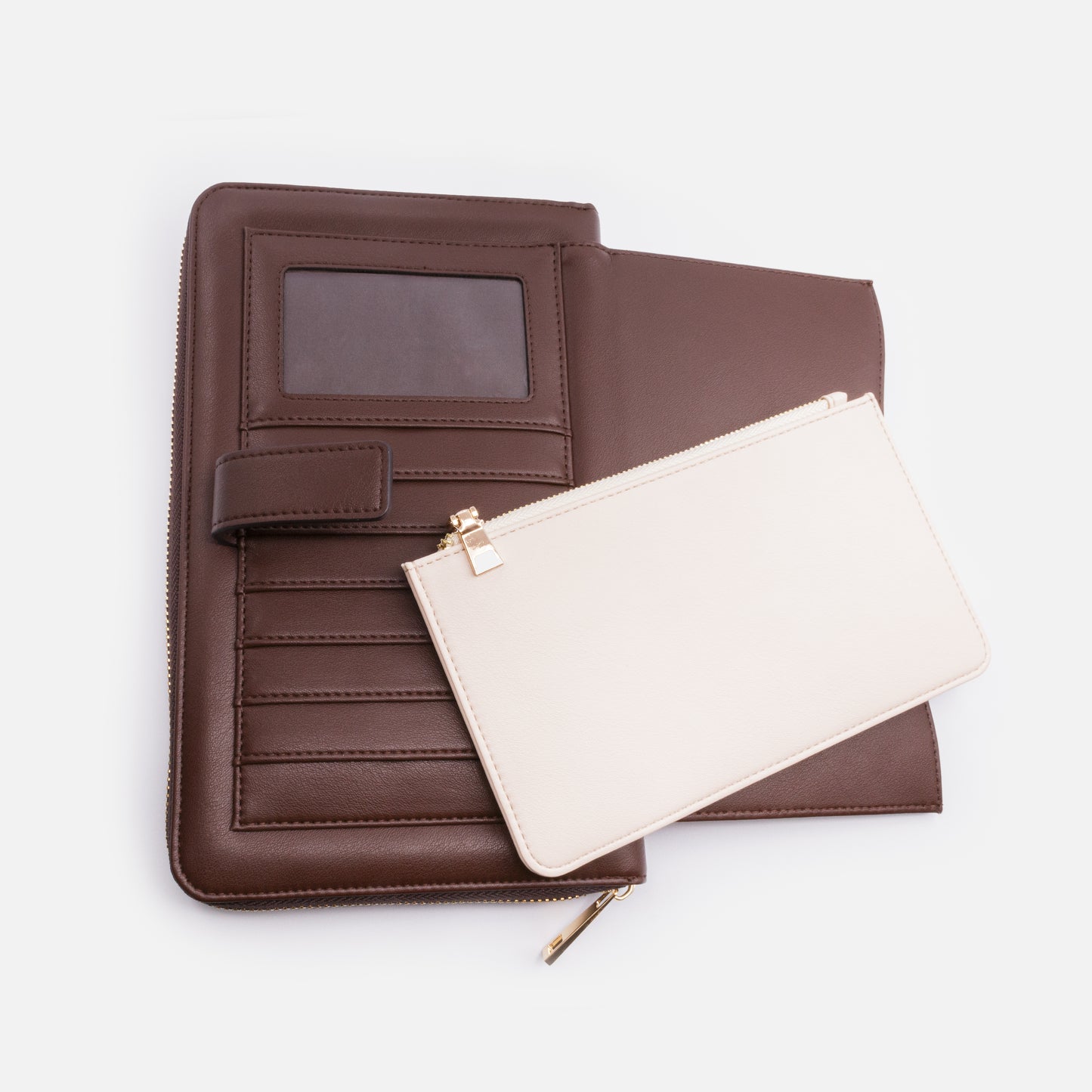 BG253W047BR - Extra large dark brown PU wallet & removable ivory pouch