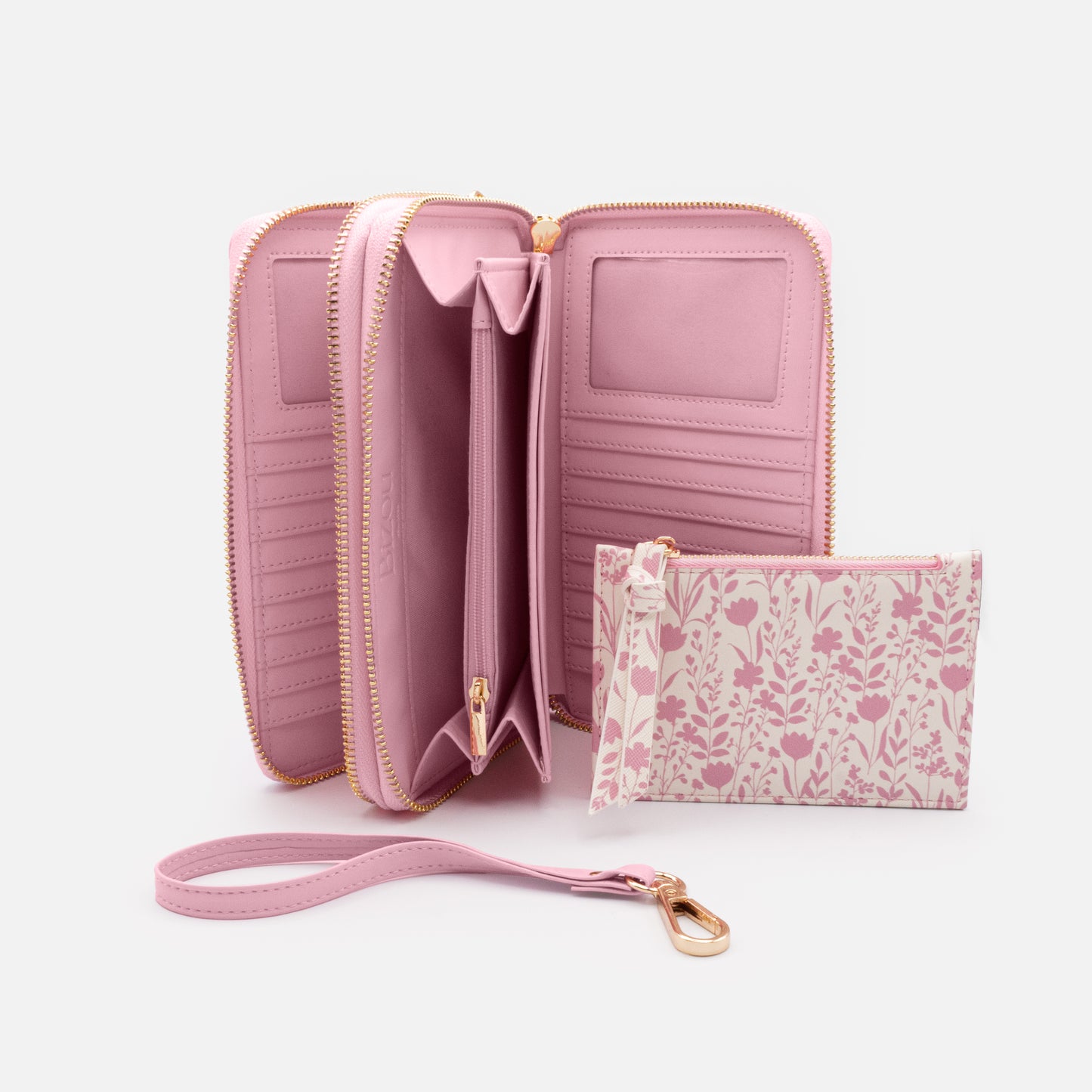 BG253W053PK - Pink PU double wallet with removable floral pouch
