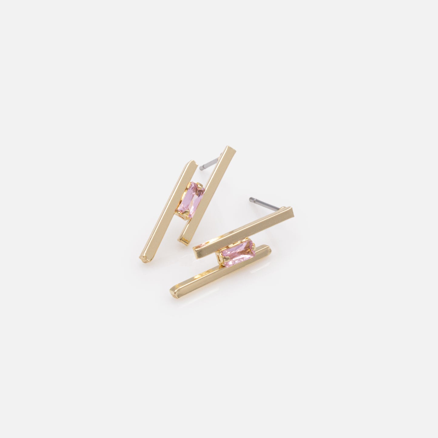 FS253E004GL - Parallel bar golden earrings with light pink stone