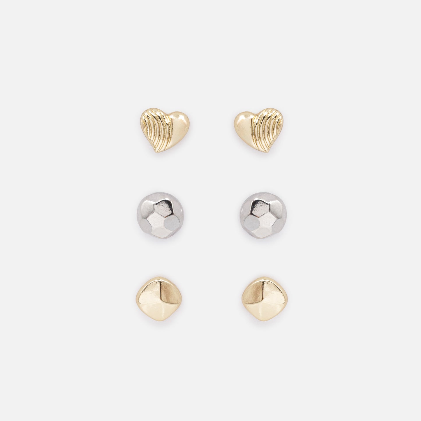 FS253E029MM - Two tone earring trio with textured hearts & hammered beads