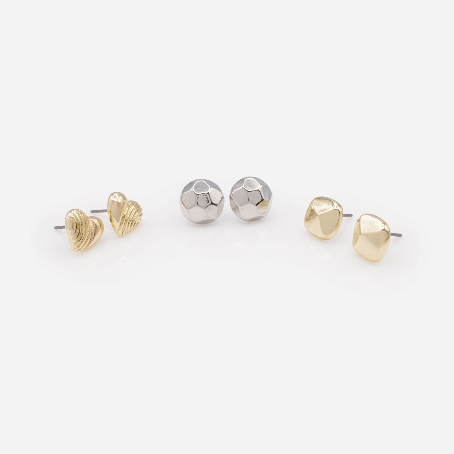FS253E029MM - Two tone earring trio with textured hearts & hammered beads