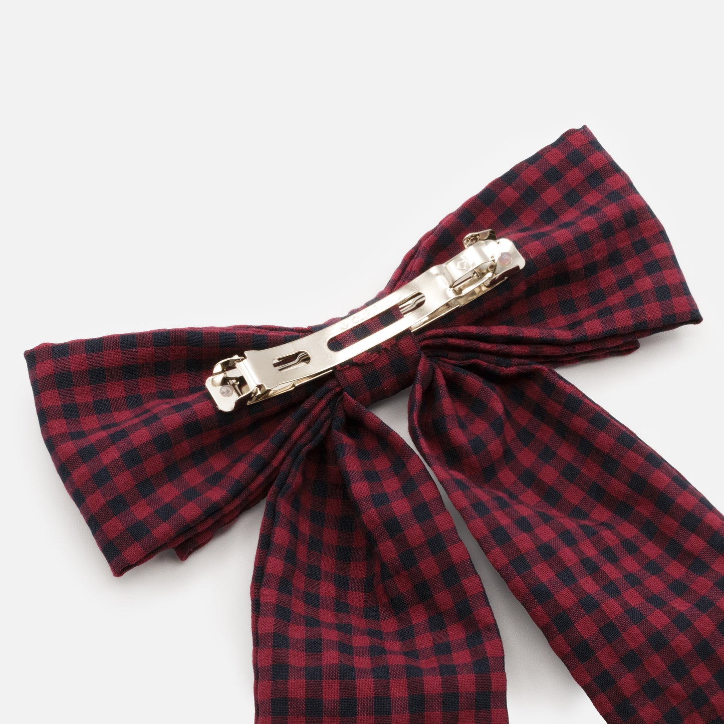 HA253C009PP - Long bow clip with burgundy & navy Vichy print