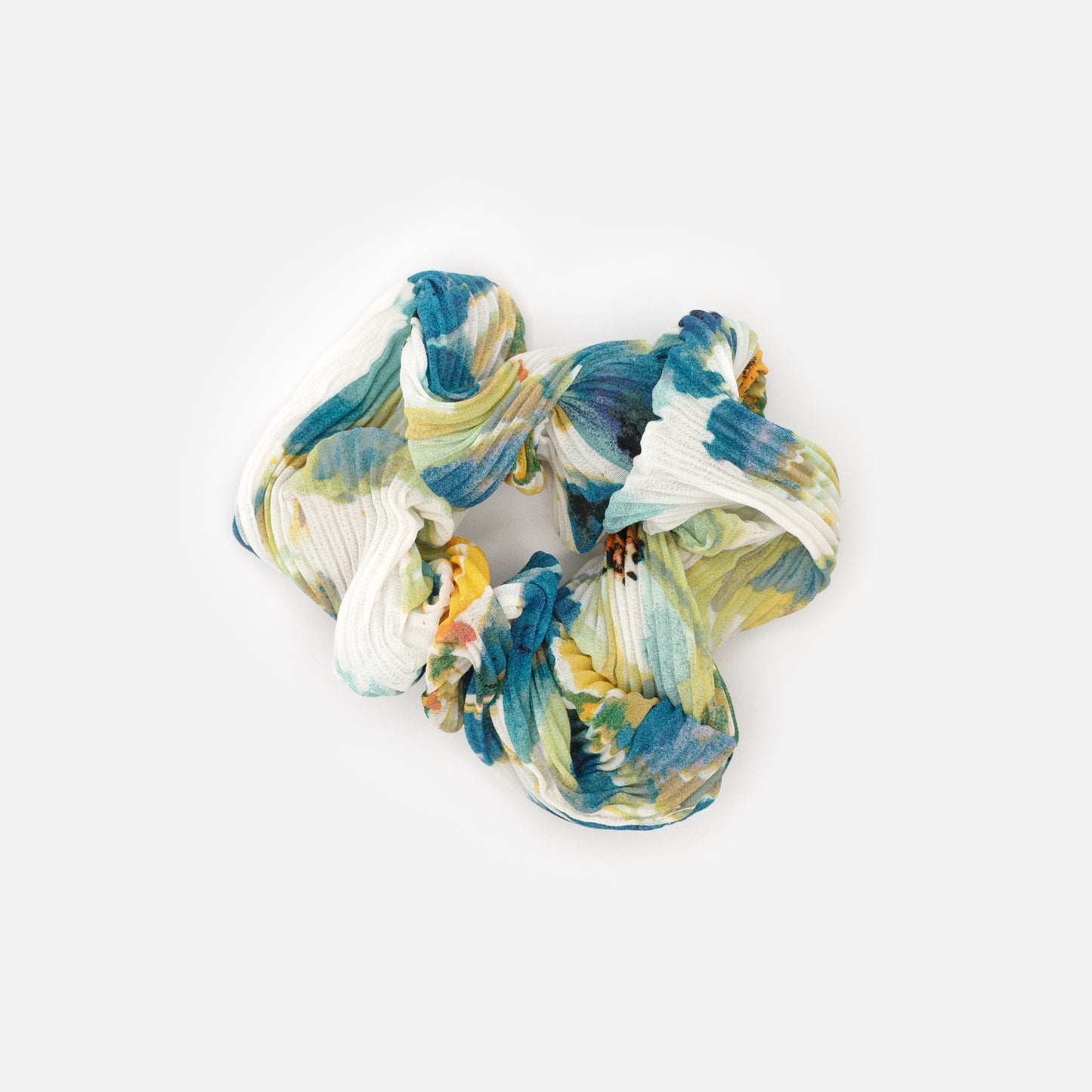 HA253E046MM - Aqua blue & yellow ribbed scrunchie with pattern
