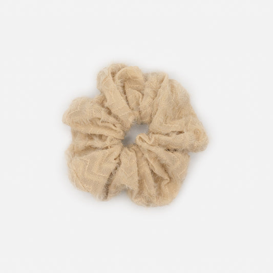 HA253E063BE - Beige scrunchie with embroied pattern & woolly look