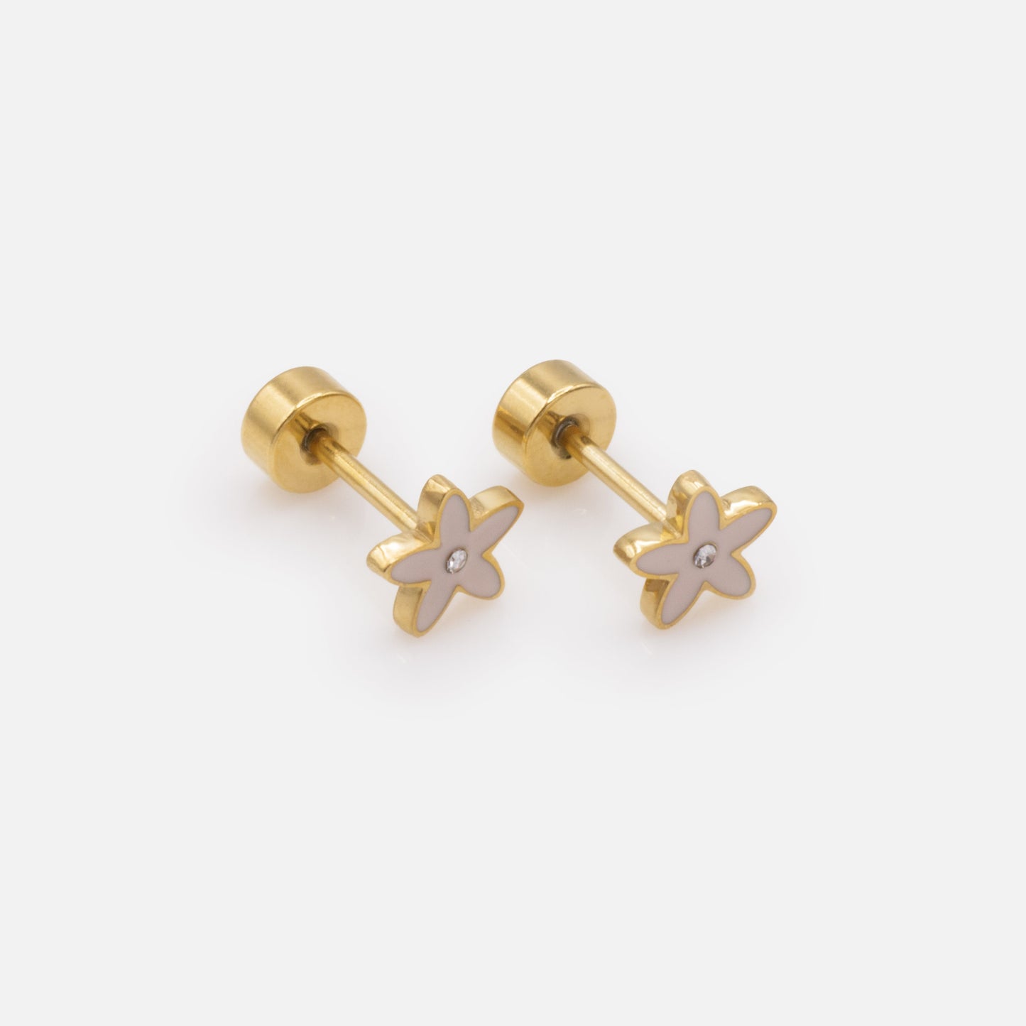MN243E001GL - Mini pale pink flowers golden earrings with central cubic zirconia in stainless steel