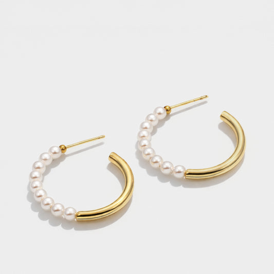 Half pearl golden hoops earrings - PL251E004GL
