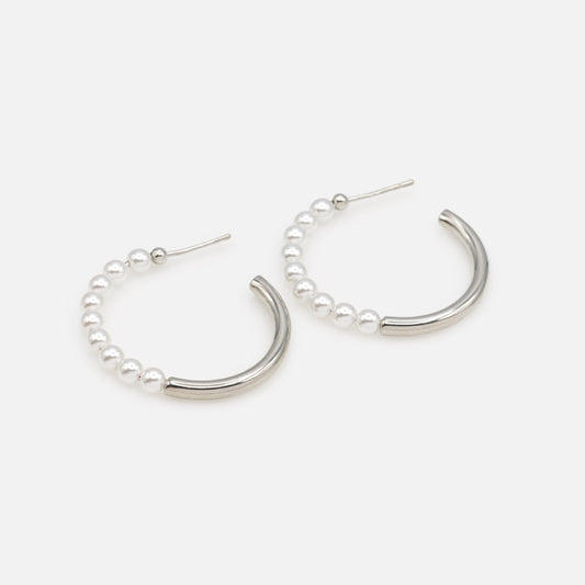 Half pearl silvered hoops earrings - PL251E005SL