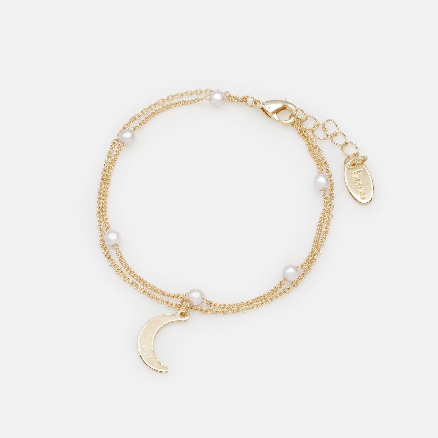 PL253B025GL - Golden double chain necklace pearls & moon charm