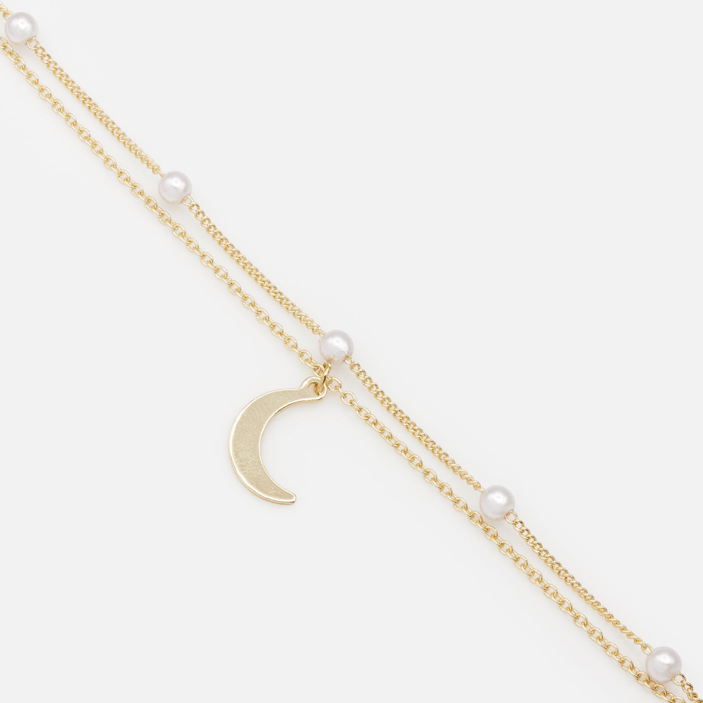 PL253B025GL - Golden double chain necklace pearls & moon charm