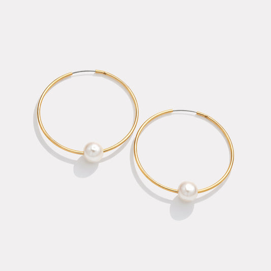 Thin golden hoop earrings with round pearl - PL253E002GL