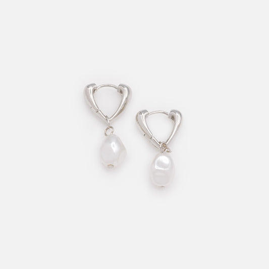 Triangular silvered huggies with pearl charm - PL253E008SL