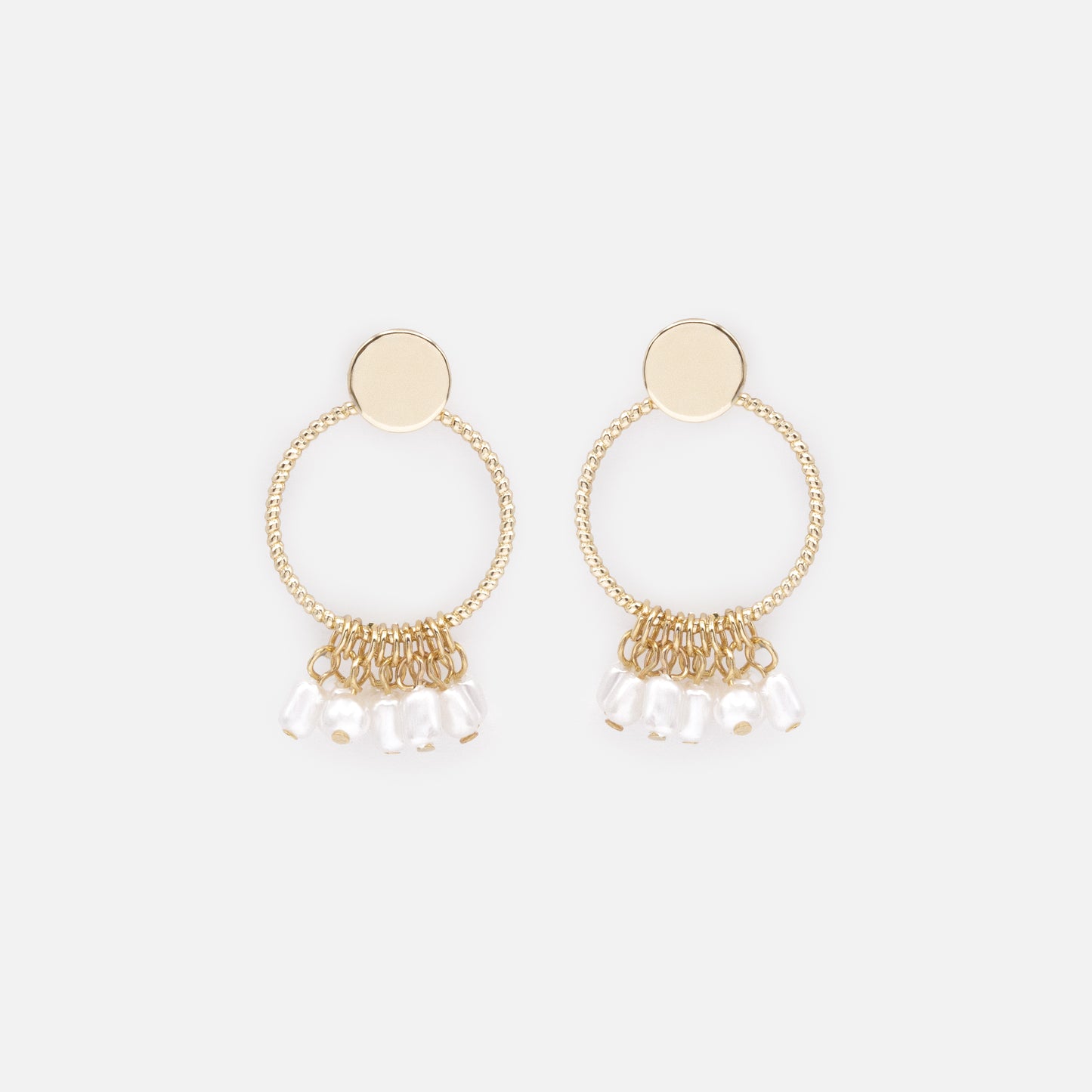 PL253E010GL - Golden textured circles with pearl fringe earrings
