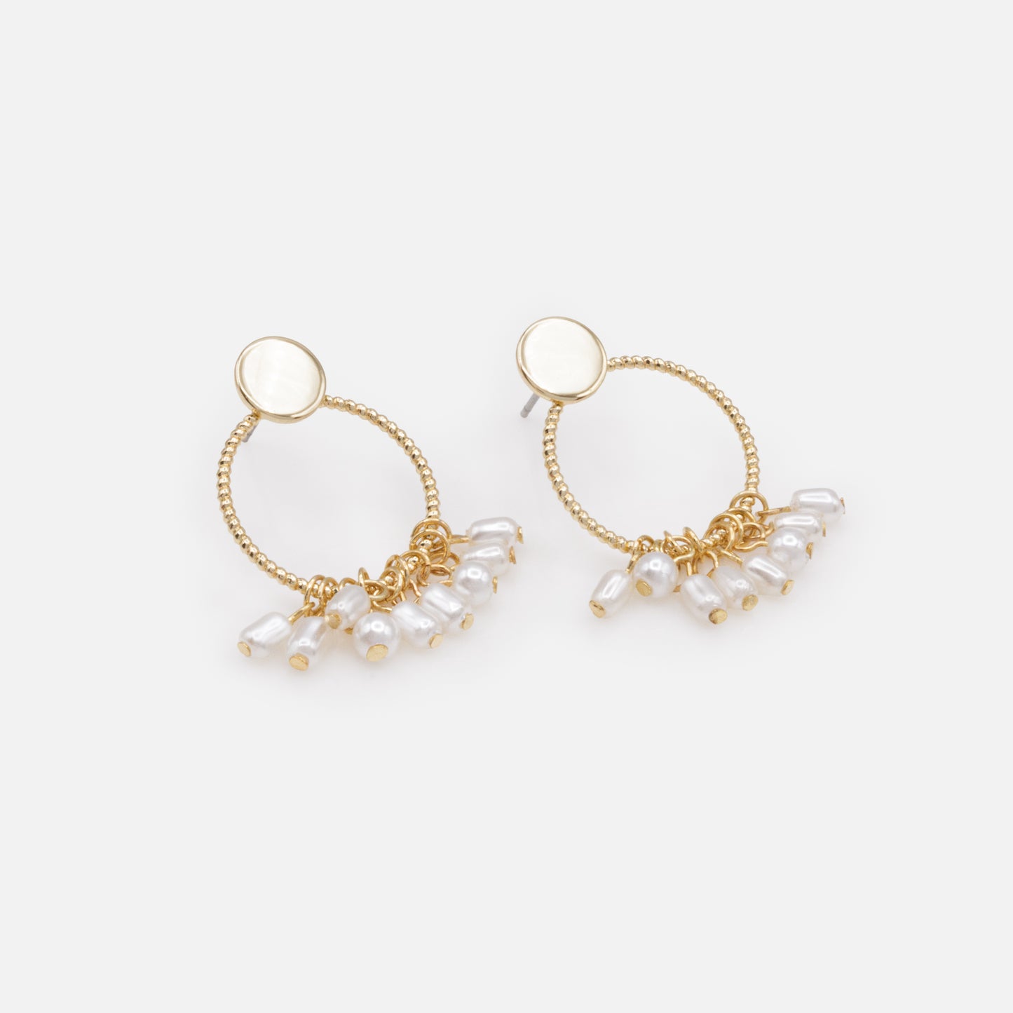 PL253E010GL - Golden textured circles with pearl fringe earrings