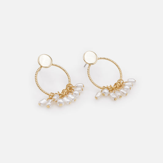 PL253E010GL - Golden textured circles with pearl fringe earrings