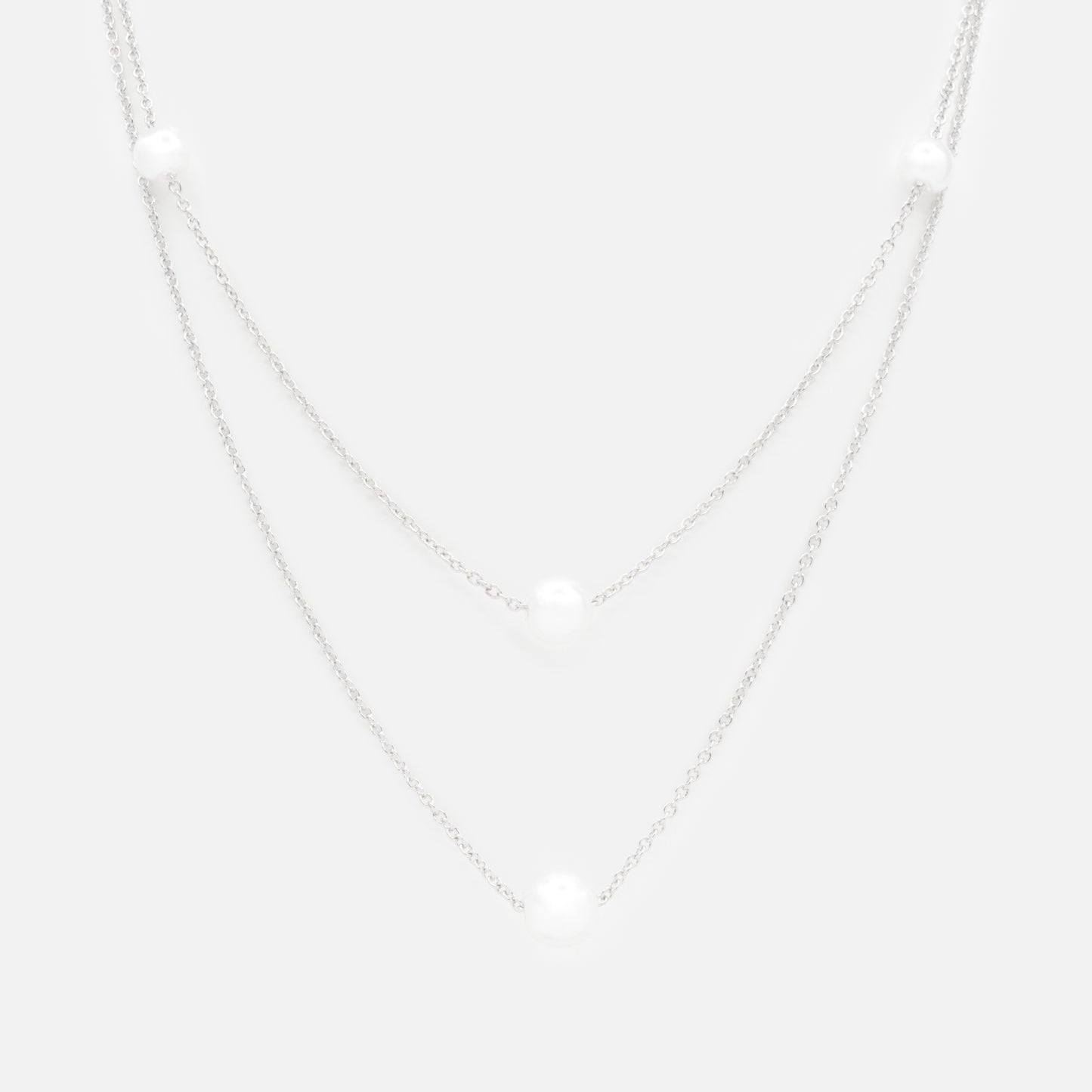 PL253N016SL - Silvered double chain necklace with round pearls