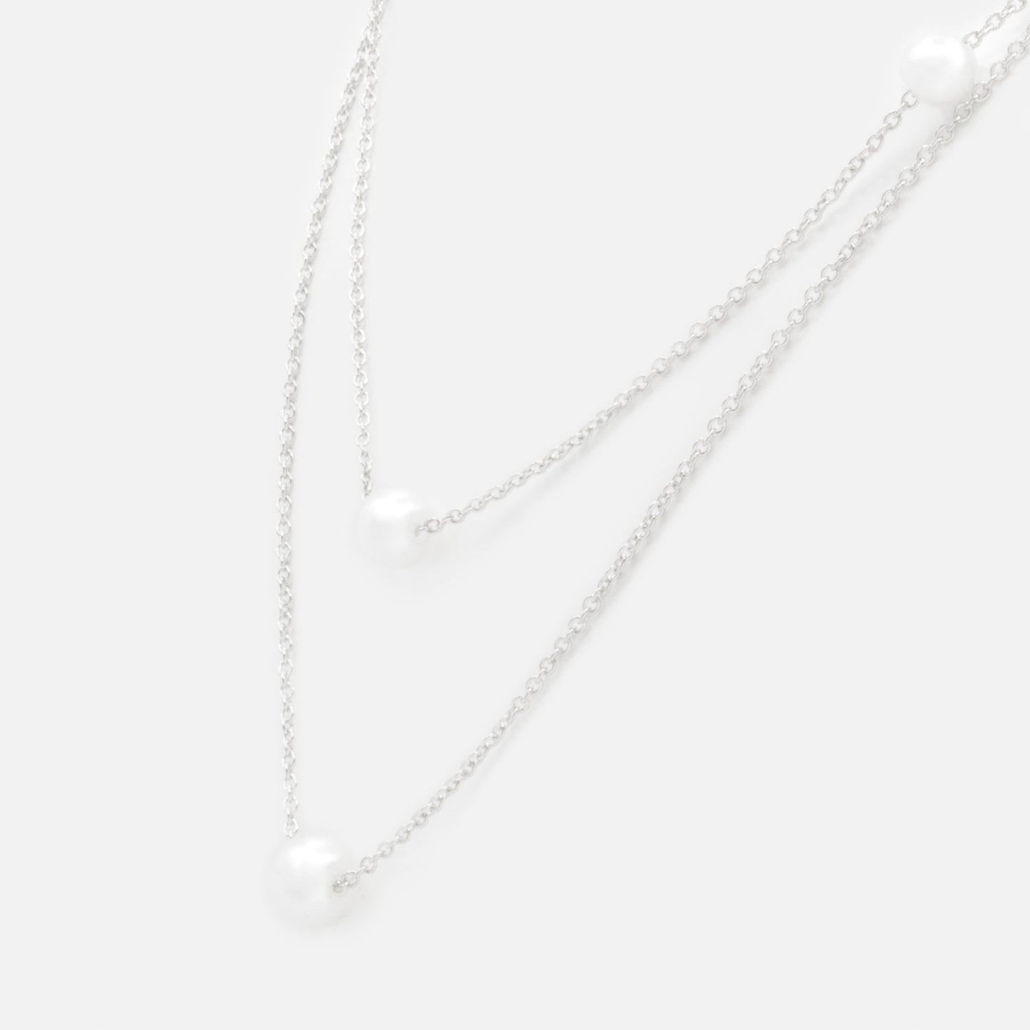 PL253N016SL - Silvered double chain necklace with round pearls