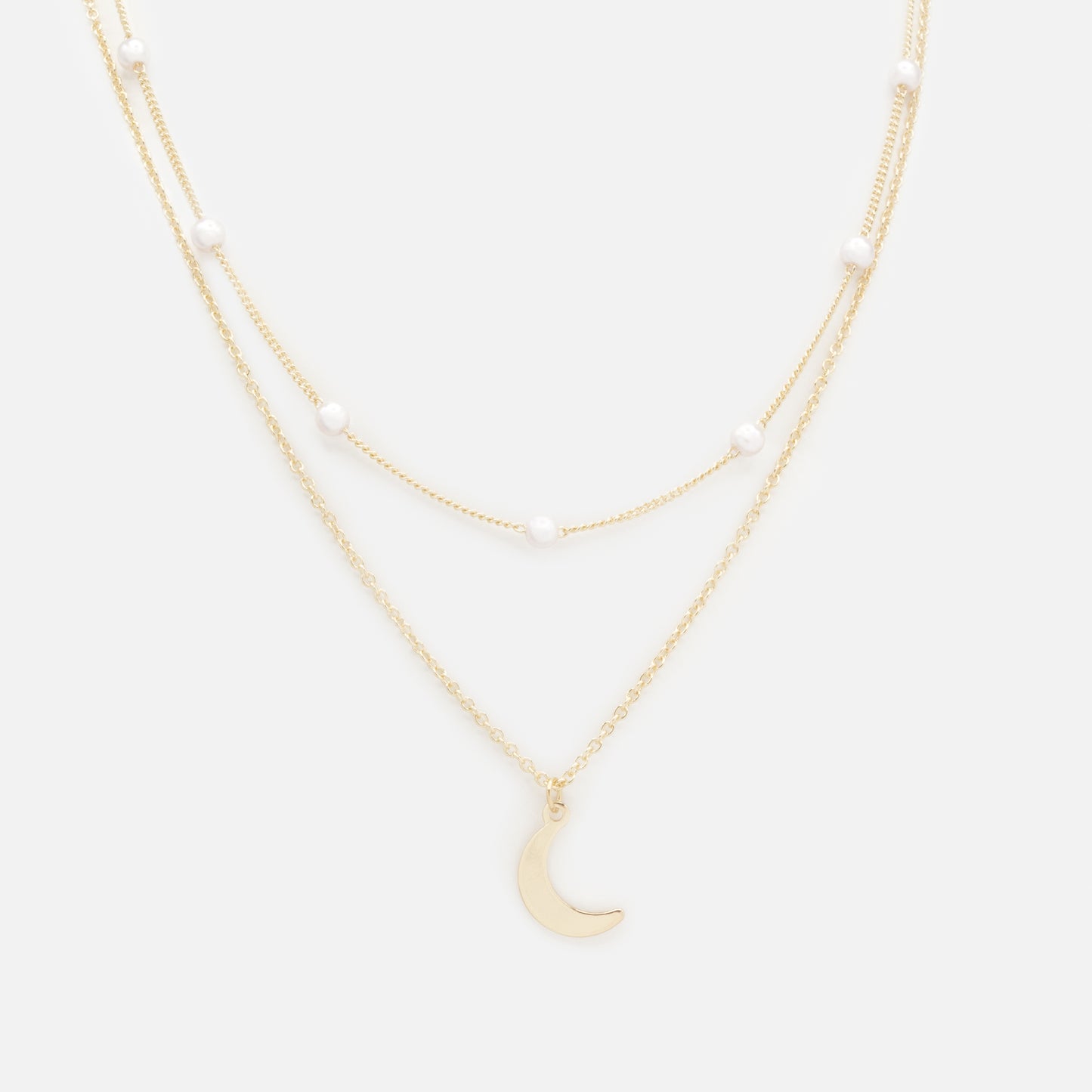 PL253N021GL - Golden double chain necklace pearls & moon charm