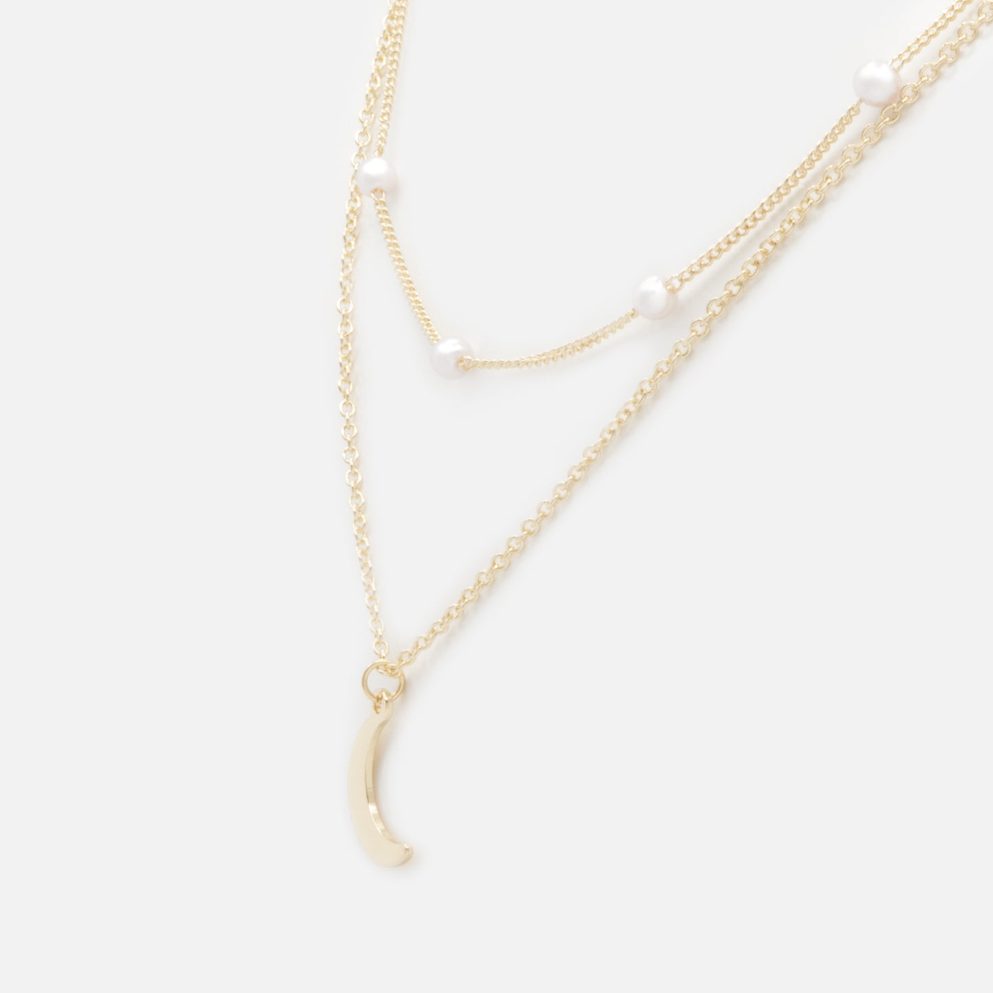 PL253N021GL - Golden double chain necklace pearls & moon charm