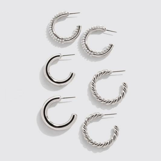 Set of 3 Silver-Tone Hoop Earrings