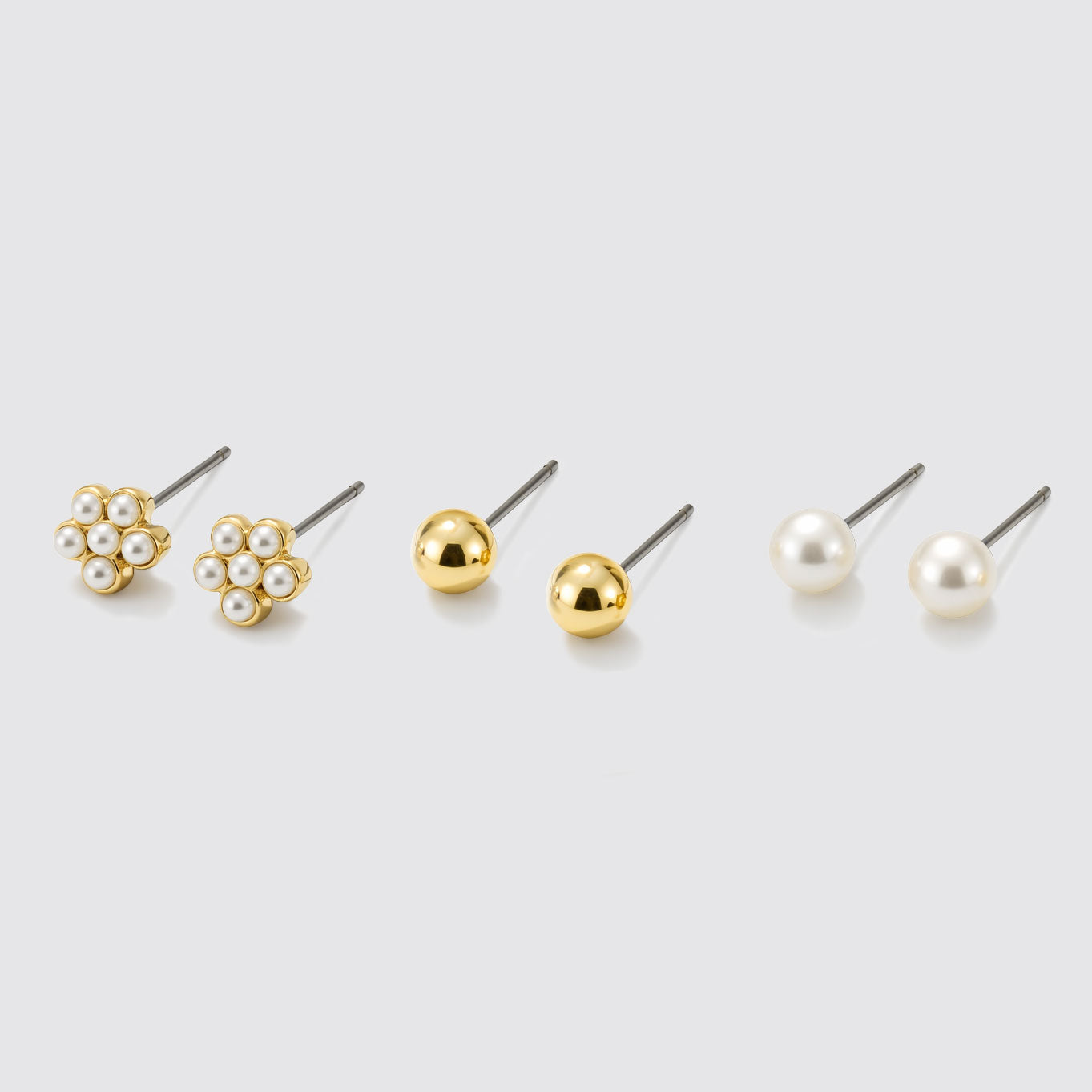 Set of 3 Gold-Tone Stud Earrings with Pearls and Flowers