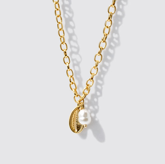 Delicate Golden Necklace with Seashell and Pearl Charms