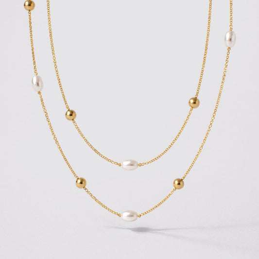 Golden Double-Row Necklace with Pearls and Beads