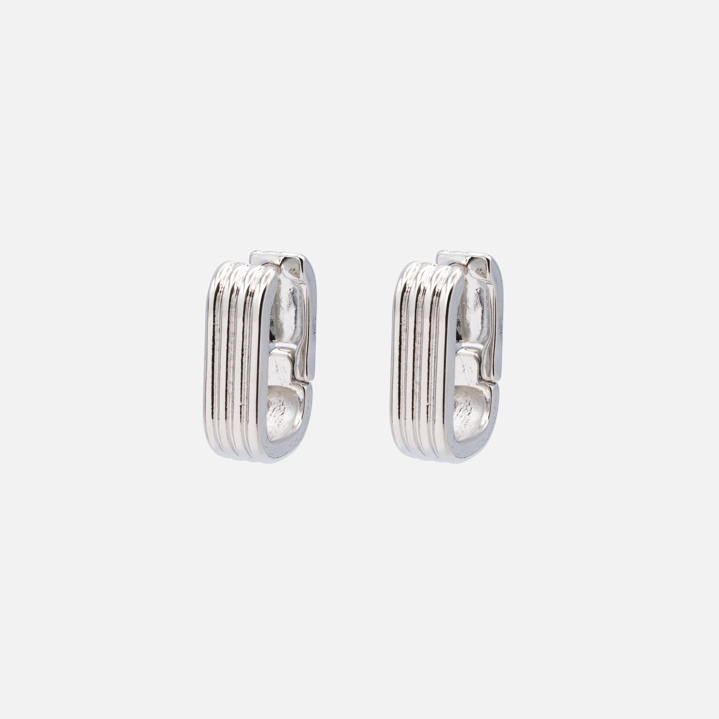 PR253E002SL - Rectangular silvered hoop earrings with wide grooves