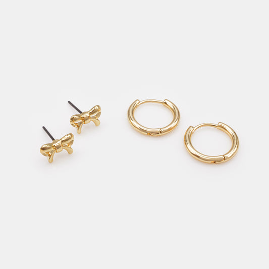 Golden small bows & huggies earring duo - PR253E016GL