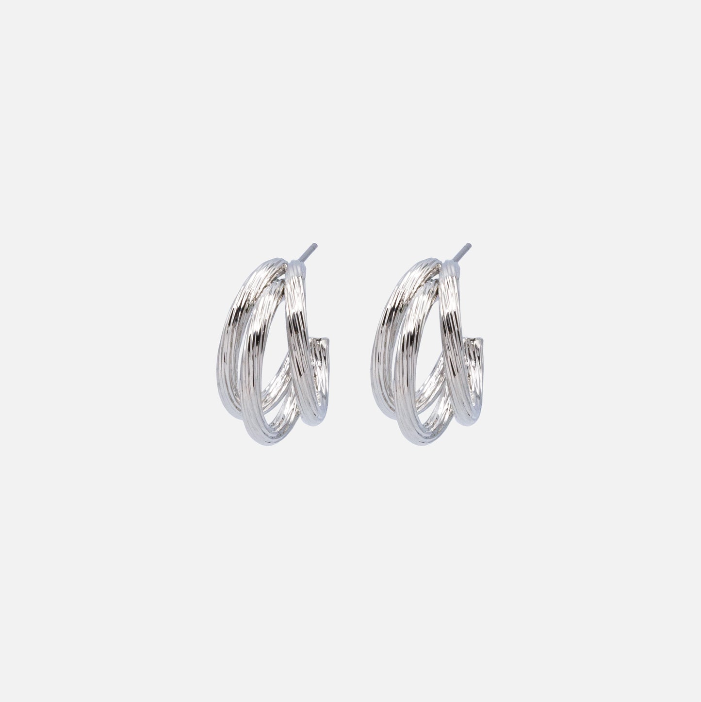 PR253E019SL - Silvered triple hoop earrings with grooves