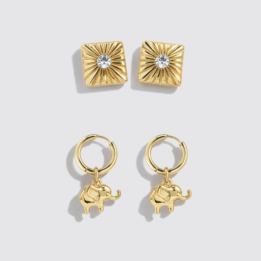 Set of 2 Gold-Tone Earrings with Sunburst Stud & Elephant Charm