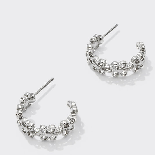 Silver-Tone Floral Hoop Earrings