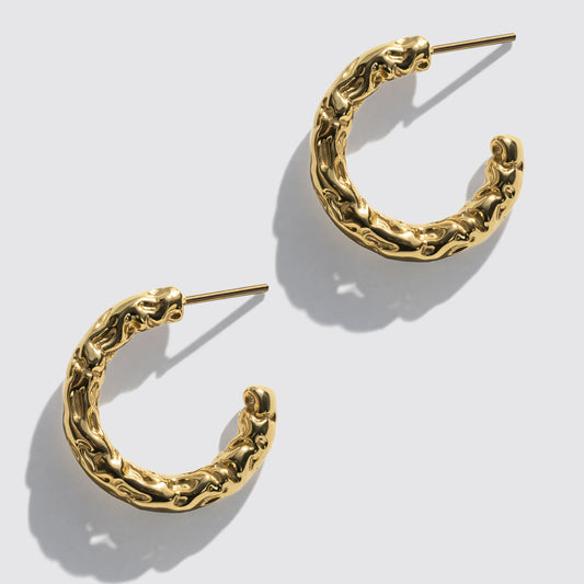 Golden Organic Texture Hoop Earrings Stainless Steel