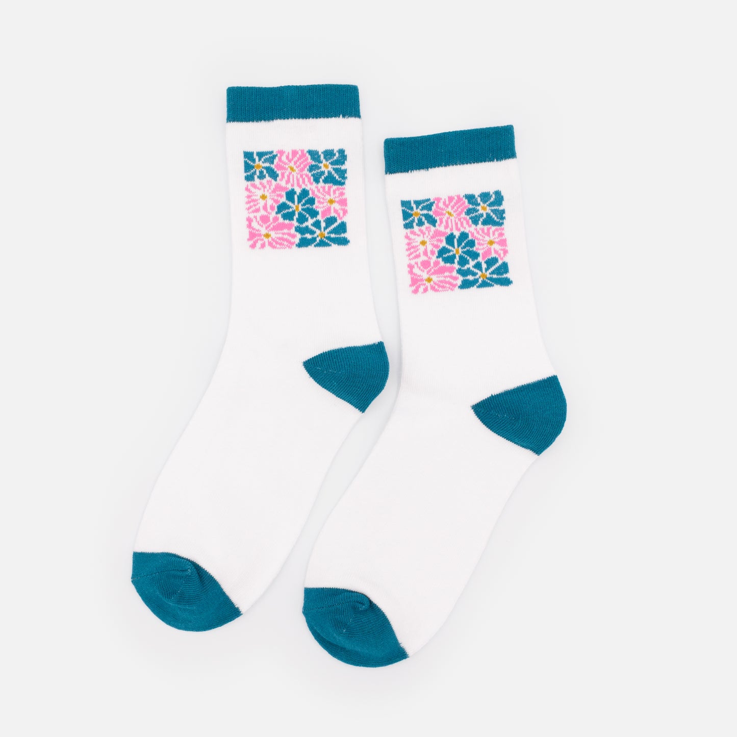 SO253-027MM - Bas blancs avec imprimé fleurs roses & sarcelle