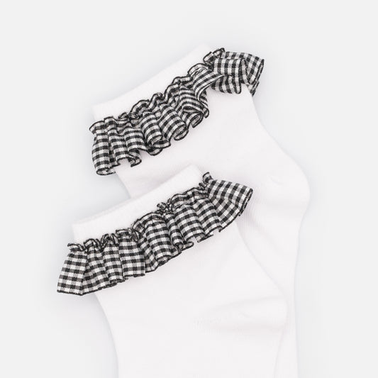SO253-036BU - White ankle socks with Vichy pattern lace