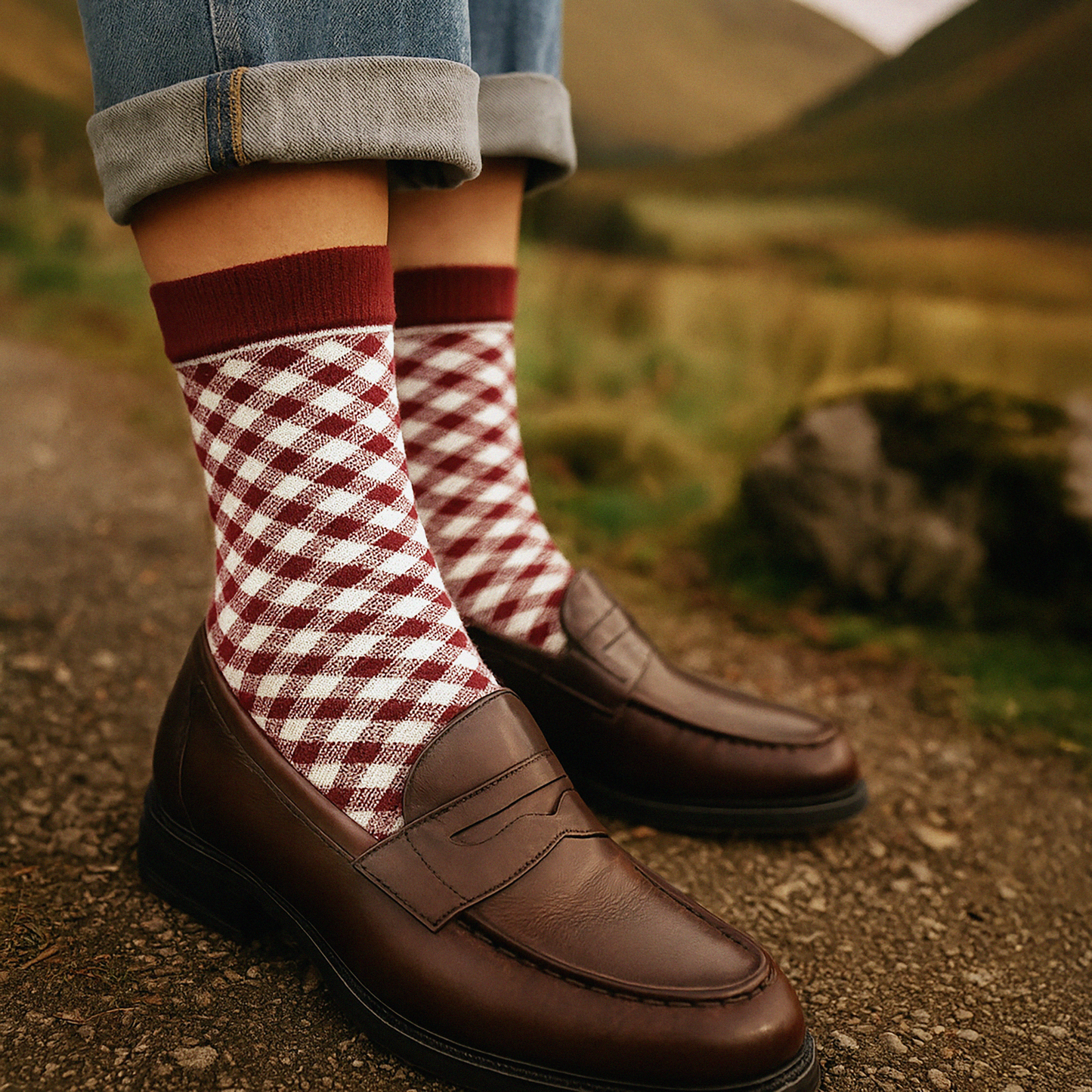 SO253-020BU - White & burgundy plaid socks