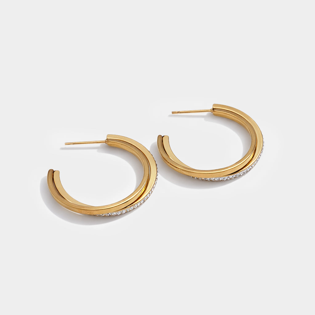 Golden hoop earrings in stainless steel & cubic zirconia - SS253E005GL