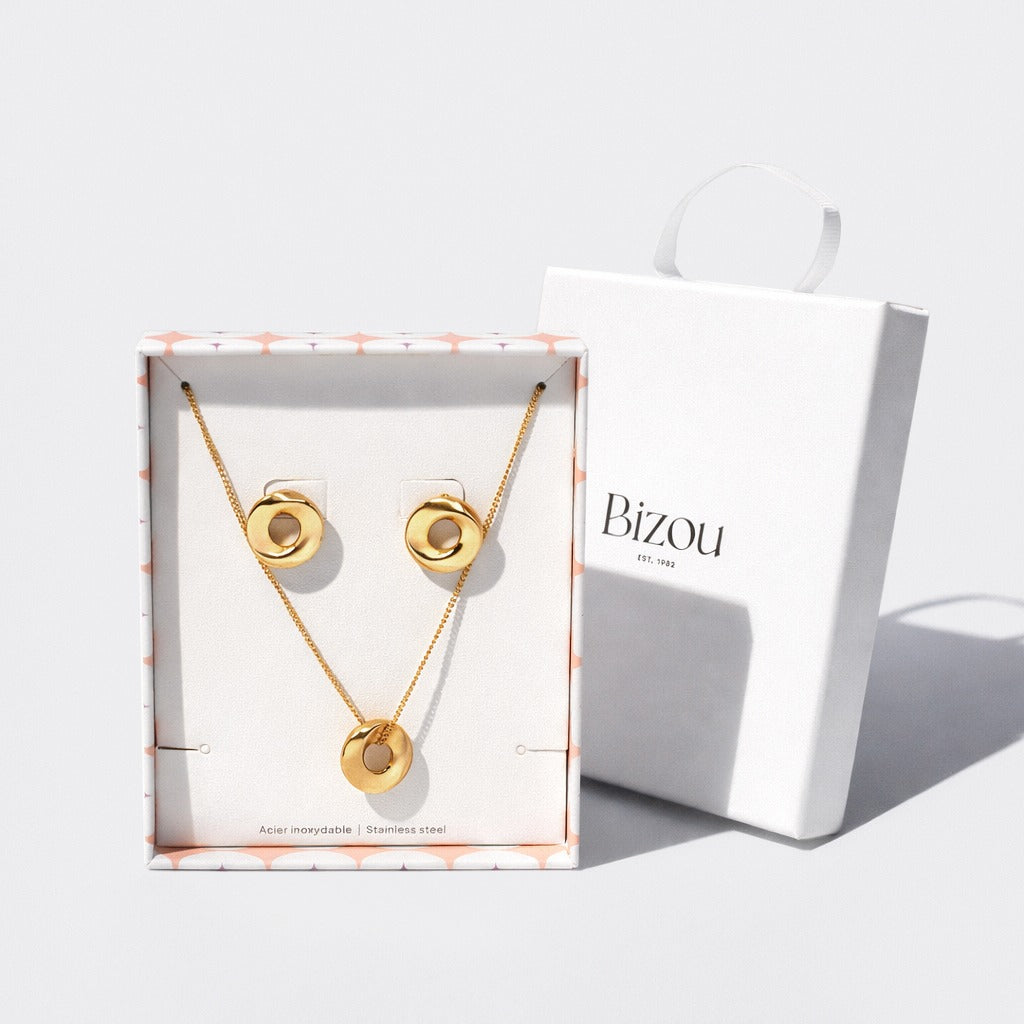 SS253K001GL - Collier & boucles d'oreilles dorés larges cercles imparfaits en acier inoxydable