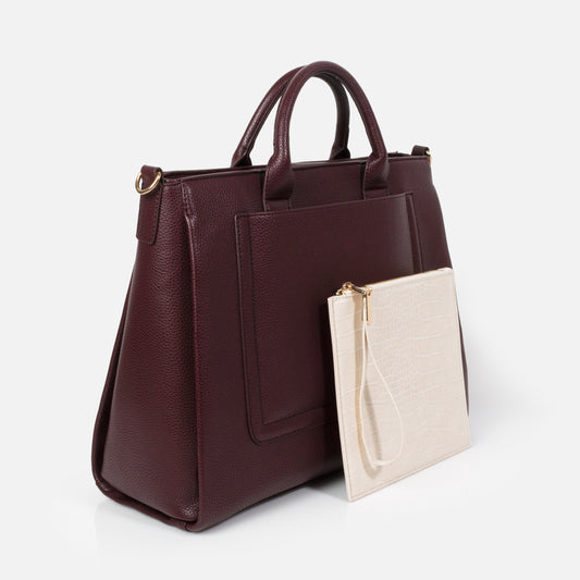 BG253B008BU - Burgundy pebbled PU handbag & removable ivory pouch