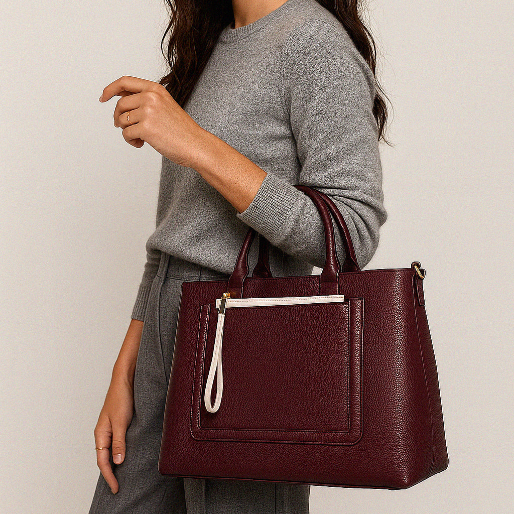 BG253B008BU - Burgundy pebbled PU handbag & removable ivory pouch