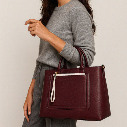 BG253B008BU - Burgundy pebbled PU handbag & removable ivory pouch