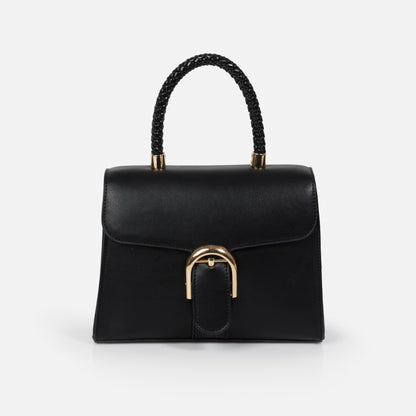 Black smooth PU handbag with braided handle - BG253B023BK