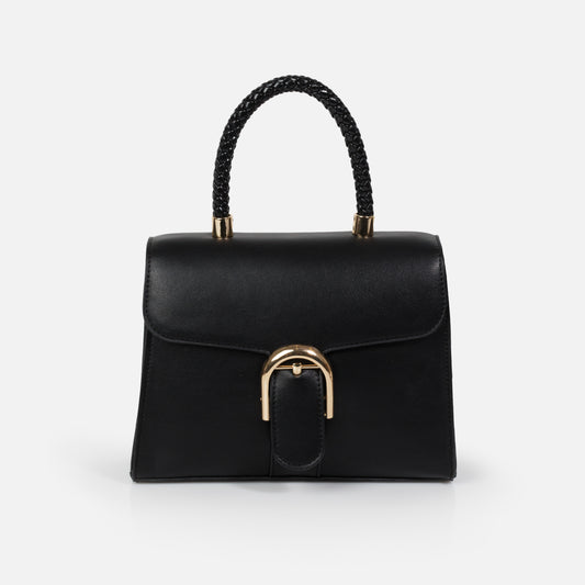 Black smooth PU handbag with braided handle - BG253B023BK