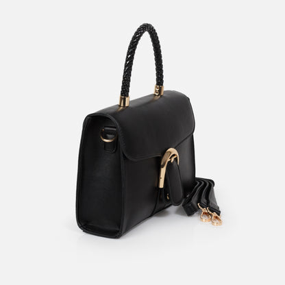 Black smooth PU handbag with braided handle - BG253B023BK