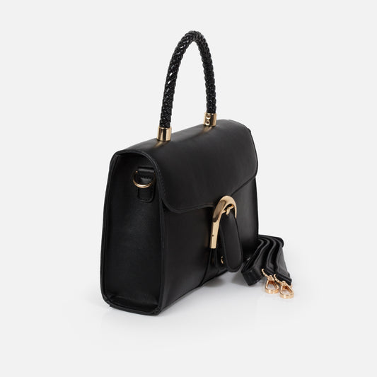 Black smooth PU handbag with braided handle - BG253B023BK