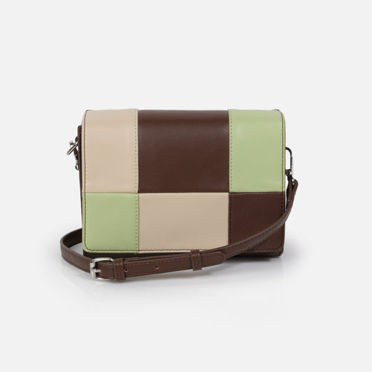 BG253B034MM - Dark brown PU crossbody handbag with beige & light green checks