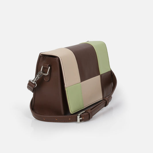 BG253B034MM - Dark brown PU crossbody handbag with beige & light green checks