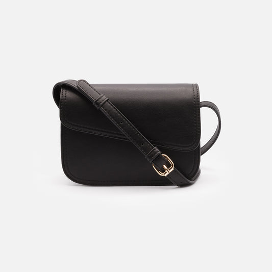 Black smooth PU crossbody handbag with asymmetrical flap - BG253B037BK