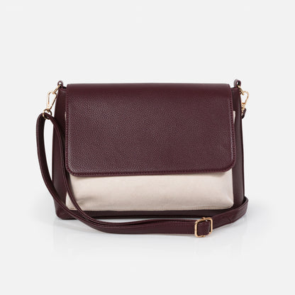 BG253B038MM - Burgundy pebbled PU handbag with suede effect ivory pocket