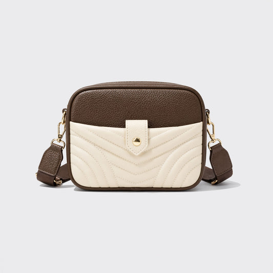 Two-Tone Quilted Chevron Crossbody Bag Brown & Beige