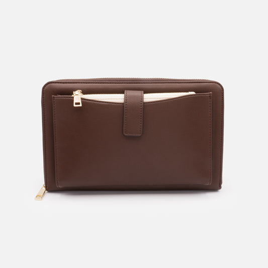 Extra large dark brown PU wallet & removable ivory pouch - BG253W047BR